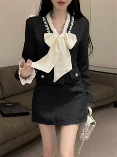 414S9lXeGfL.jpg Women Korean Fashion Chic Skirt Sets 2 Piece Outfit French Elegant Jacket Coat Mini Skirt Suits