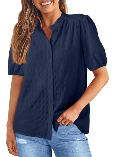 414UPsLUXOL.jpg Womens Button Down Shirts Cute Short Puff Sleeve V Neck Tops Spring Summer Blouses for Women Dressy Casual
