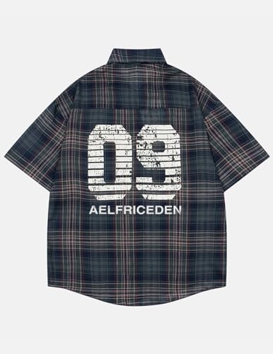 414fAjJ33JL.jpg Mens Button Down Shirts Number Print Plaid Necktie Short Sleeve Shirt Casual Summer Shirts