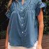 414fpF9breL.jpg Womens Button Down Shirts Ruffle Ruched Short Sleeve Tops Summer Solid Casual Work Business Blouses