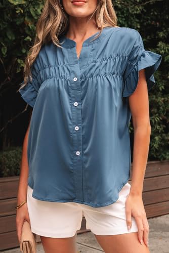 414fpF9breL.jpg Womens Button Down Shirts Ruffle Ruched Short Sleeve Tops Summer Solid Casual Work Business Blouses