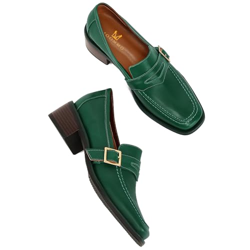 4152syiZgcL.jpg Women Classic Penny Loafers Closed Square Toe Patent Low Heel Loafers Slip On Metal Buckle 2" Chunky Heel Comfy Office Ladies