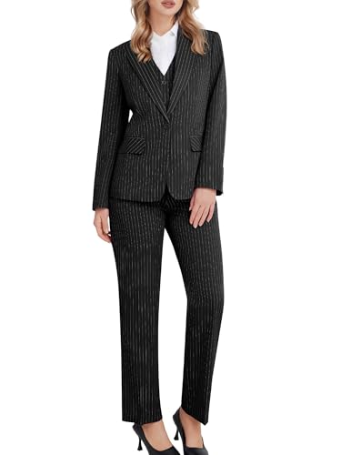 Women's 3 Piece Striped Suit One Button Slim Fit Business Work Professional Blazer Jacket Vest Pants Set