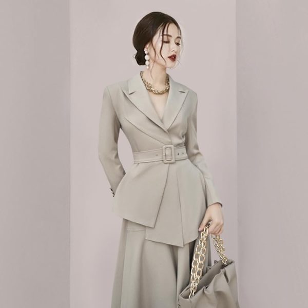 Women's Skirt Suit Spring Autumn Belted Long Sleeve Blazer Loose Casual Skirt 2 Piece Set for Women