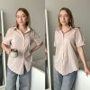 Women Linen Button Down Shirt Rolled Cuffed Short Sleeve Blouse Ladies Summer Casual V Neck Beach Cotton Tops
