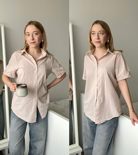 Women Linen Button Down Shirt Rolled Cuffed Short Sleeve Blouse Ladies Summer Casual V Neck Beach Cotton Tops