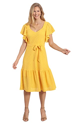 415HzDliuL.jpg Women's Knit Eyelet Flutter Sleeve Belted Tiered Midi Dress Office Career Garden Party Day Guest of