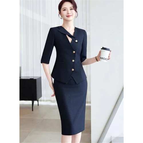 415NE1n1sgL.jpg Women's Spring and Summer Solid Single-Breasted Half-Sleeved Slim Suit Jacket and Skirt Two-Piece Set