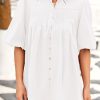 Women's 2025 Summer Short Lantern Sleeve Tops Loose Fit Button Down Shirt Pleated V Neck Blouses Trendy Clothes