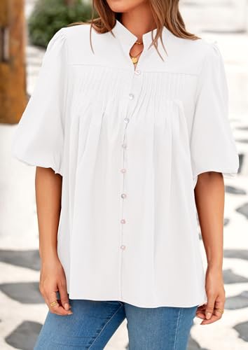 Women's 2025 Summer Short Lantern Sleeve Tops Loose Fit Button Down Shirt Pleated V Neck Blouses Trendy Clothes