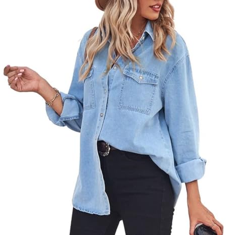 416AeuSl7QL.jpg Women's Spring Long Sleeve Denim Jean Shirts Button Down Shirt Business Casual Tops