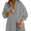 416HloXmx2L.jpg Womens Oversized Striped Button Down Shirts Boyfriend Long Sleeve Collared Work Blouses