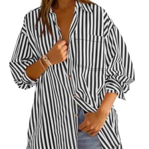 Womens Oversized Striped Button Down Shirts Boyfriend Long Sleeve Collared Work Blouses