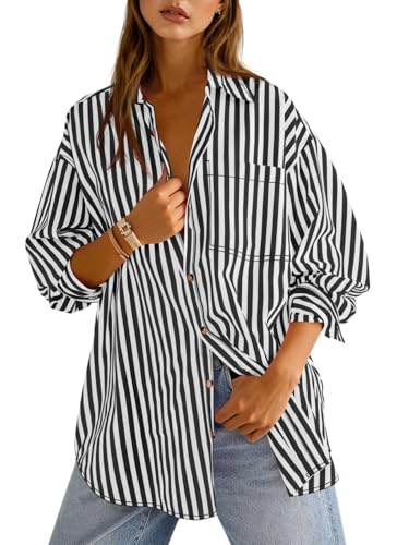 416HloXmx2L.jpg Womens Oversized Striped Button Down Shirts Boyfriend Long Sleeve Collared Work Blouses