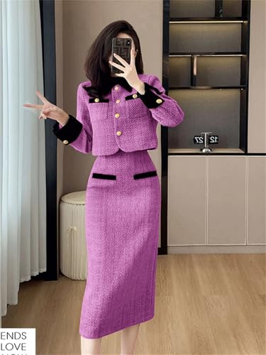 416T91A4jNL.jpg Women Vintage Tweed Two Piece Set Short Coat + Bodycon Skirt Suits Winter Elegant 2 Piece