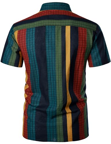 416USikGN7L.jpg Men's Cotton Linen Vintage Pattern Printed Old Style Shirt Casual Short Sleeve Button Down Retro Shirts