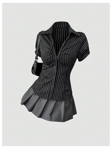 416pS-ctf-L.jpg Women's Striped Button Down Shirt Ruched Short Sleeve Fitted Work Blouses