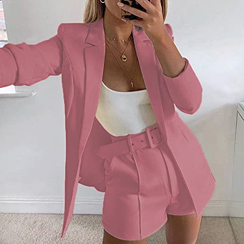 Blazer Shorts Set for Women 2 Piece Long Sleeve Open Front Blazers Short Suits Business Outfits with Belt
