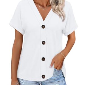 418qUFkiP4L.jpg Womens Summer Tops Short Sleeve Button Down Shirts Casual V Neck T Shirts Trendy Tunic Tops