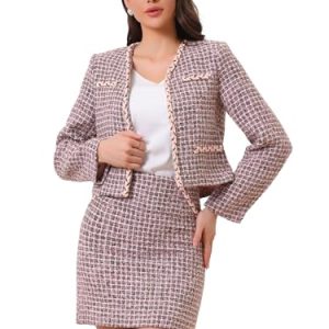 41988NVYNL.jpg 2 Piece Tweed Plaid Skirt Set for Women's Business Collarless Blazer and Mini Skirt Suit Sets