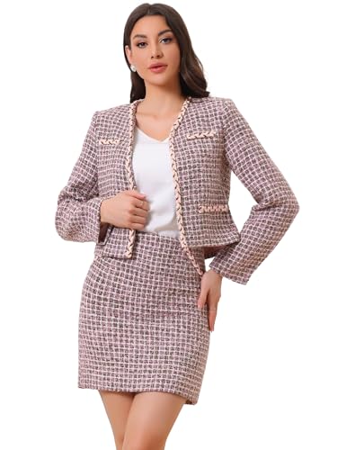 2 Piece Tweed Plaid Skirt Set for Women's Business Collarless Blazer and Mini Skirt Suit Sets