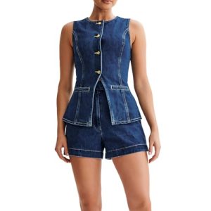 419IyVROA7L.jpg Womens Denim 2 Piece Set Sleeveless Button Down Vest Tops Short Pants Suit Sets