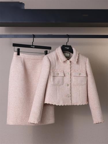 Women's Pink High-End Commuter Skirt Set Long-Sleeved Lapel Short Coat Skirt Two-Piece Set