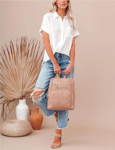 41A8kM6r9qL.jpg Womens Summer Cotton Linen Short Sleeve Button Down Shirt Collared V-Neck Loose Fit Blouse Beach Office Tops