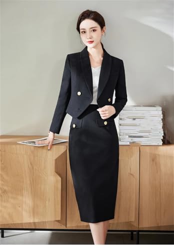 Women Solid Long Sleeve Shawl Collar Cropped Suit Jacket High Waist Wrap Hip Midi Pencil Skirts 2 Pieces Set