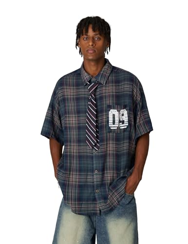 41AVteWrZiL.jpg Mens Button Down Shirts Number Print Plaid Necktie Short Sleeve Shirt Casual Summer Shirts