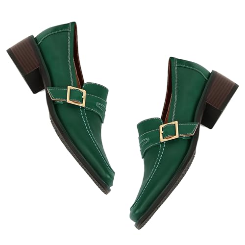 41AqW7eGg7L.jpg Women Classic Penny Loafers Closed Square Toe Patent Low Heel Loafers Slip On Metal Buckle 2" Chunky Heel Comfy Office Ladies