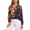 41BEaK6ZgtL.jpg Wild Animals Lion Flowers Women's Button Down Shirts V Neck Long Sleeve Blouses Loose T-Shirt Tops
