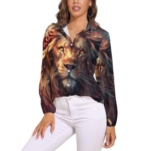 41BEaK6ZgtL.jpg Wild Animals Lion Flowers Women's Button Down Shirts V Neck Long Sleeve Blouses Loose T-Shirt Tops
