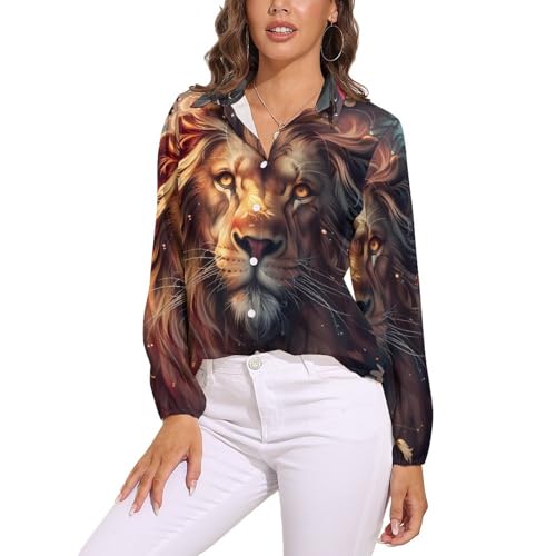41BEaK6ZgtL.jpg Wild Animals Lion Flowers Women's Button Down Shirts V Neck Long Sleeve Blouses Loose T-Shirt Tops