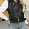 41C0SKFUSCL.jpg Women Lapel Sleeveless Motorcycle Jacket Zip Up Waistcoat PU Leather Vest with Belt Black