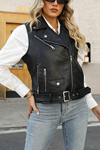 41C0SKFUSCL.jpg Women Lapel Sleeveless Motorcycle Jacket Zip Up Waistcoat PU Leather Vest with Belt Black