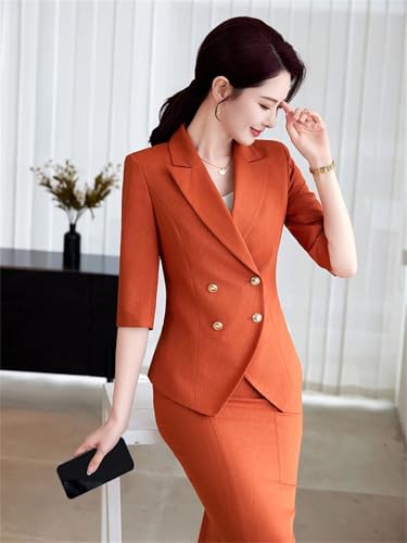 41C4VUXhqL.jpg Women's Spring and Summer Solid Lapel Double-Breasted Half-Sleeved Suit Skirt Set