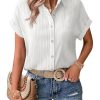 41C55DgwlDL.jpg Womens Button Down Shirts Casual Short Sleeve Dress Shirt Textured Collared Summer Work Blouse