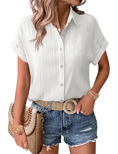 41C55DgwlDL.jpg Womens Button Down Shirts Casual Short Sleeve Dress Shirt Textured Collared Summer Work Blouse