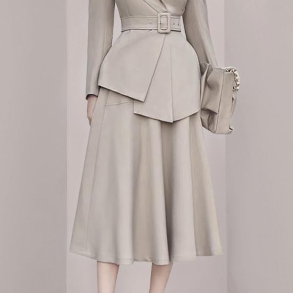 Women's Skirt Suit Spring Autumn Belted Long Sleeve Blazer Loose Casual Skirt 2 Piece Set for Women
