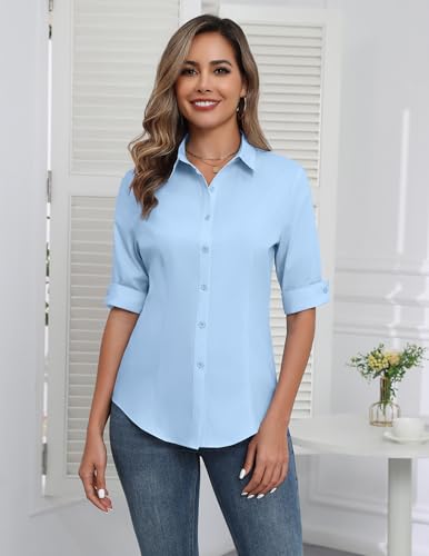 41CkVg0-nOL.jpg Womens Button Down Shirts 3/4 Sleeve Dress Blouses Business Casual Collared Oxford Tops