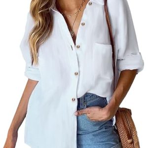 41DaE1VoFpL.jpg Womens Linen Button Down Shirt Casual Long Sleeve Cotton Blouse Loose Fit Collared Work Gauze Tops with Pocket