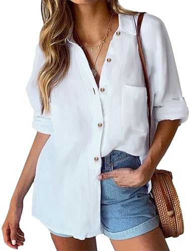 41DaE1VoFpL.jpg Womens Linen Button Down Shirt Casual Long Sleeve Cotton Blouse Loose Fit Collared Work Gauze Tops with Pocket