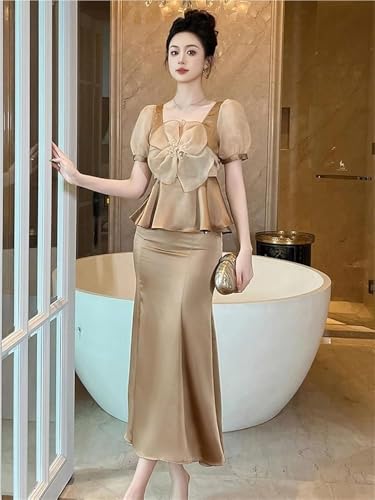 41Dfkrq8PFL.jpg Satin 2 Piece Outfit Women Elegant Corset Top High Waist Fishtail Skirt Set Long Blouse Shirt Evening Dress Suit