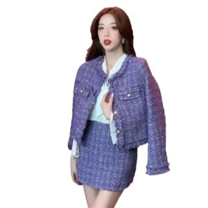 41DvlRtN36L.jpg Women's Tweed Two Pieces Set Winter Long Sleeves Jacket Coat + Office Skirt Suits