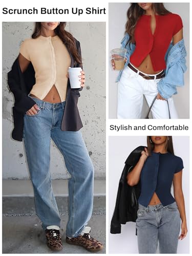 41E1DVp0STL.jpg Women's Button Down Shirt Cap Sleeve Tops for Women Button Up Ribbed Knit Slim Fit Casual Y2K Crop Going Out Top