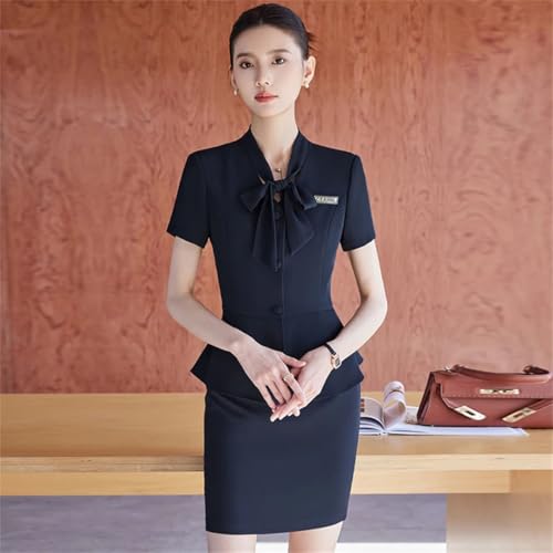 41EMgQQHwzL.jpg Women's Solid Color Short-Sleeved V-Neck Single-Breasted Bow-Decorated Suit Skirt Two-Piece Suit