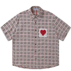 Cut-Out Heart Short Sleeve Shirt Collar Button Down Plaid Casual Tshirt Tops