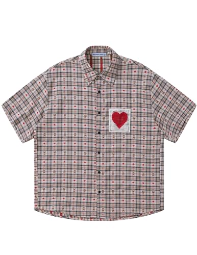 41F9ryxUQAL.jpg Cut-Out Heart Short Sleeve Shirt Collar Button Down Plaid Casual Tshirt Tops