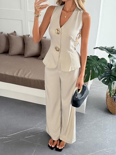 41FCo-OFYAL.jpg Womens 2 Piece Dressy Sets Straight Wide Leg Pants Slim Vest Business Suits Office Outfits for Women